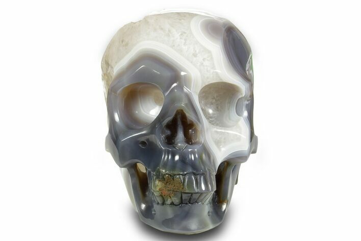 Realistic Polished Banded Agate Skull with Quartz Crystal Pocket #378636
